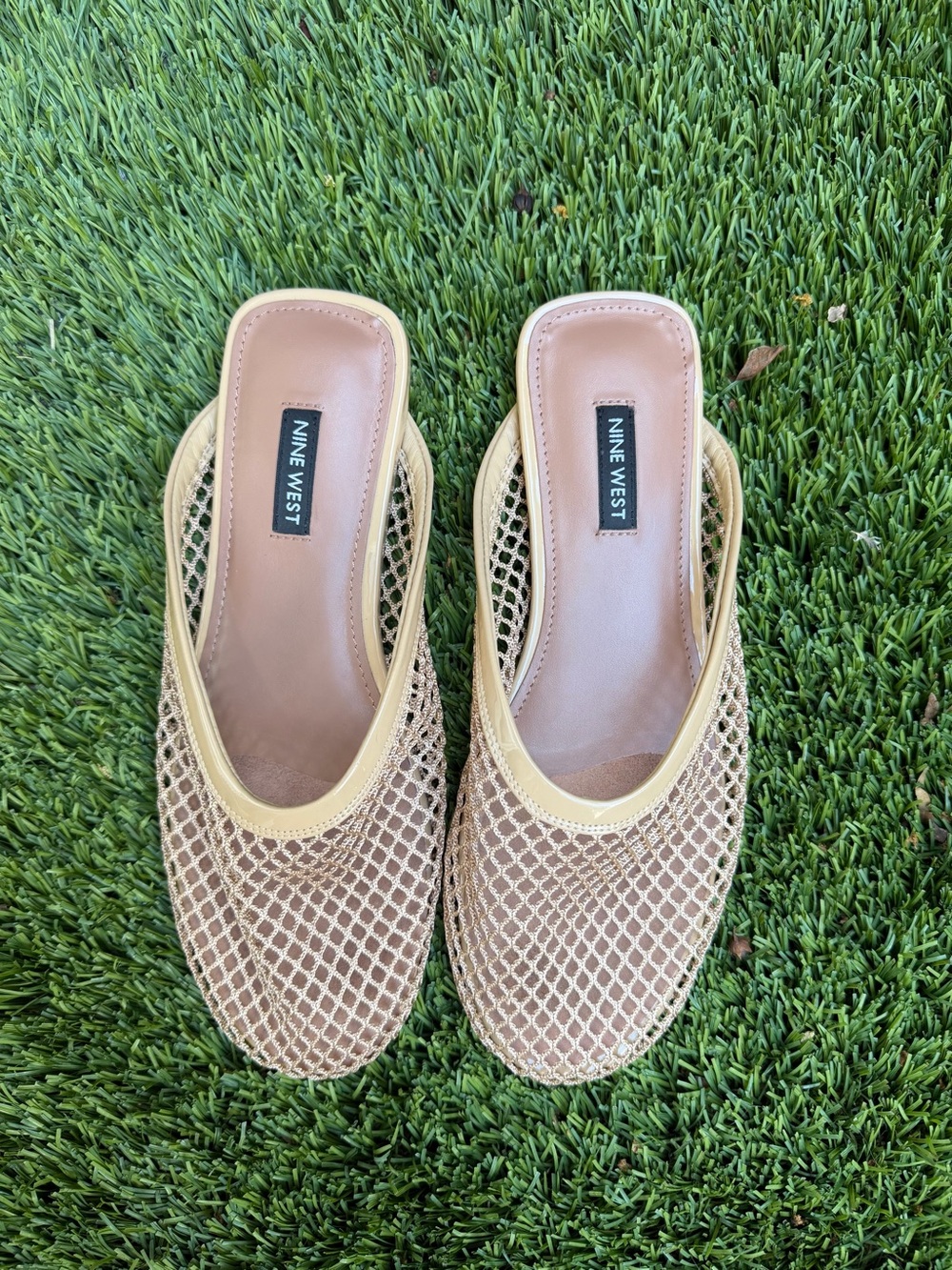 Nine West Tan Mesh Slip-On Mules with Woven Upper - Daniela Flat